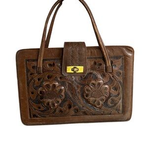 Vintage 60s/70s Brown Leather Hand-Tooled Mexican Artisan Handbag